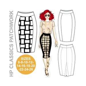 Könnte beinhalten: Ein schwarz-weißes kariertes Bleistiftrockmuster mit weißem Hintergrund. Der Rock ist auf einer Modeillustration einer Frau mit roten Haaren, die eine Sonnenbrille und ein beiges Oberteil trägt, abgebildet. Der Rock ist auch in einer flachen Ansicht abgebildet. Der Text "SIZES 6-8-10-12-14-16-18-20-22-24-26" ist im Bild enthalten.