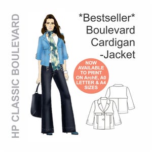 May include: A blue cardigan jacket with a button closure and pockets. The jacket is shown on a model wearing blue jeans and a scarf. The text "*Bestseller* Boulevard Cardigan -Jacket" is displayed above the image. The text "NOW AVAILABLE TO PRINT ON ArchE, A0 LETTER & A4 SIZES" is displayed below the image.