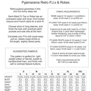 May include: A sewing pattern for a pajama set and robe, featuring a semi-fitted top with an oversized collar and shorts or full-length pants. Includes fabric requirements and size chart in inches and centimeters.