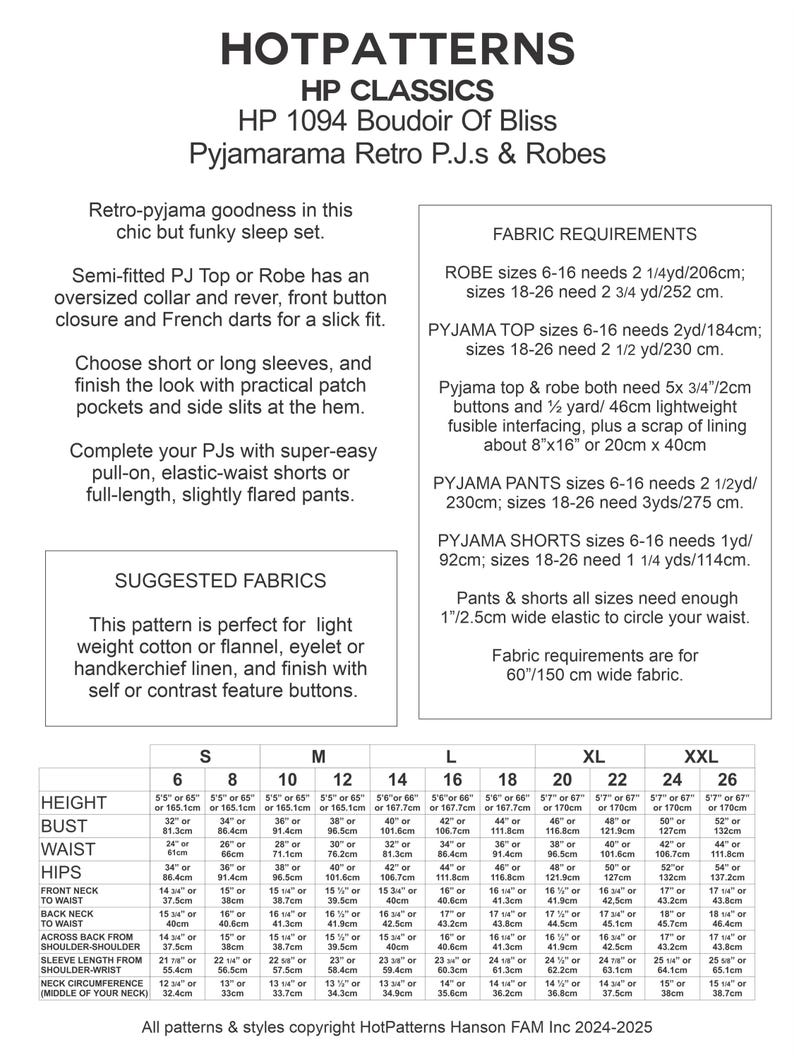 May include: A sewing pattern for a pajama set and robe, featuring a semi-fitted top with an oversized collar and shorts or full-length pants. Includes fabric requirements and size chart in inches and centimeters.