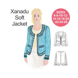 May include: A blue soft jacket with a beaded trim and a gold chain necklace. The jacket is shown on a model. The text "Xanadu Soft Jacket" and "SIZES 6-8-10-12-14-16-18-20-22-24-26" is also shown in the image.