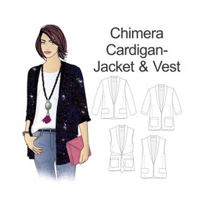May include: A sewing pattern for a cardigan, jacket and vest. The pattern includes instructions for making all three garments. The pattern is illustrated with a woman wearing a cardigan, and line drawings of the jacket and vest.