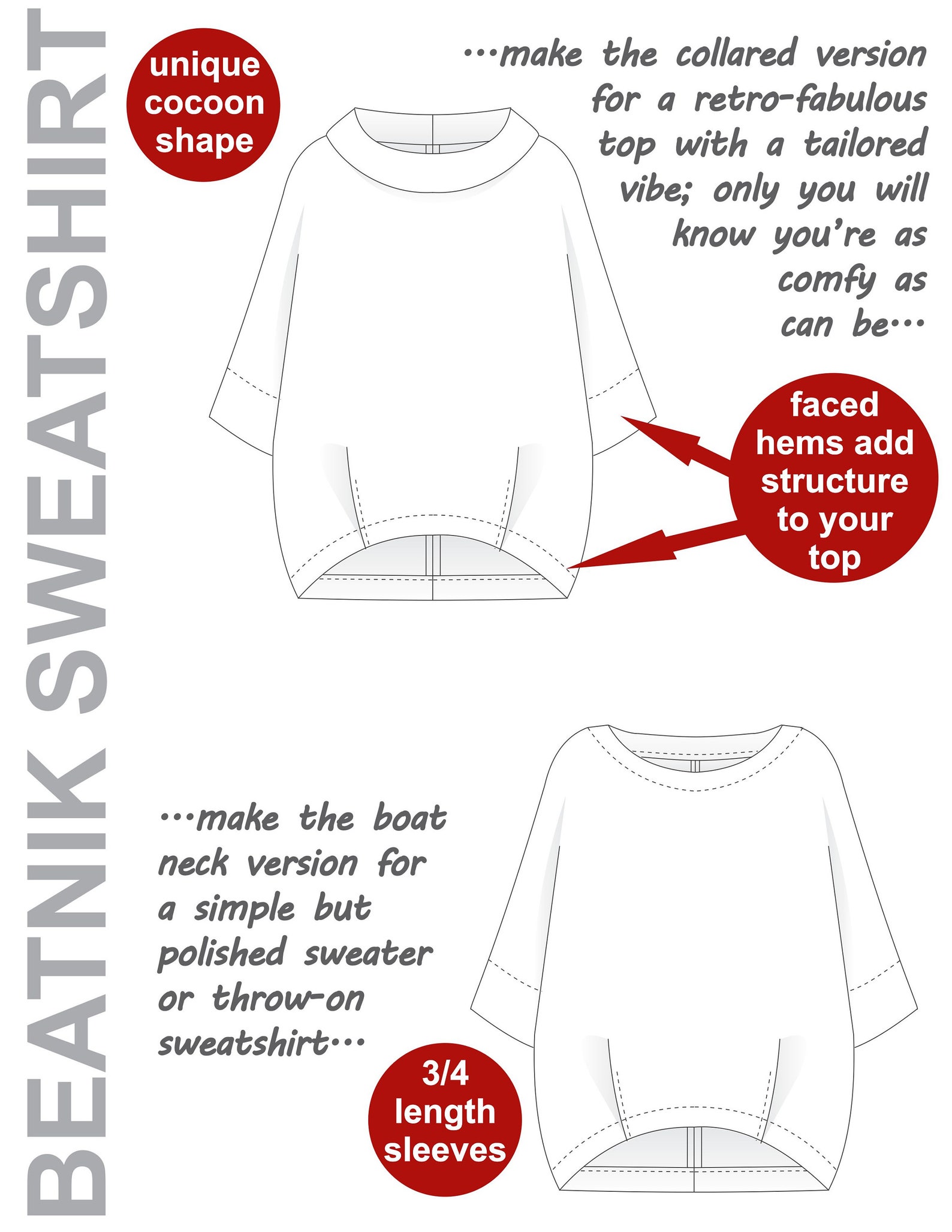 Retro Beatnik Sweatshirt Sewing Pattern: Dolman Sleeve Cocoon Top (PDF ...