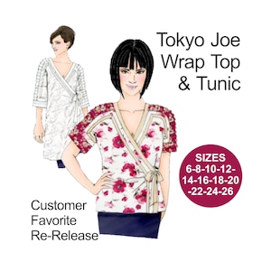 Könnte beinhalten: Illustration eines Wickeloberteils und Tunika-Schnittmusters, "Tokyo Joe Wrap Top & Tunic". Das Design zeigt ein Wickeloberteil mit floralem Druck und einem Kordelverschluss. Das Schnittmuster enthält die Größen 6-26 und ist eine Kundenliebling-Neuauflage.
