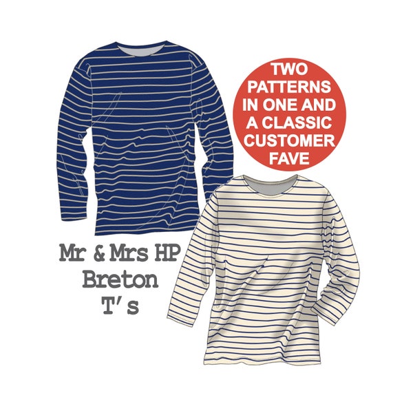 CLASSIC Breton T-Shirt Sewing Pattern. 3/4 Sleeves. Long sleeves. Boat Neck. Men's sizes S-XXL & Women's Sizes 6-26; PDF Download.