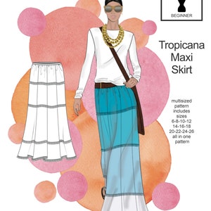 May include: A sewing pattern for a maxi skirt called "Tropicana Maxi Skirt". The pattern includes sizes 6-8-10-12, 14-16-18, and 20-22-24-26. The pattern is for a beginner skill level and is from HotPatterns, the best sewing patterns in the world.