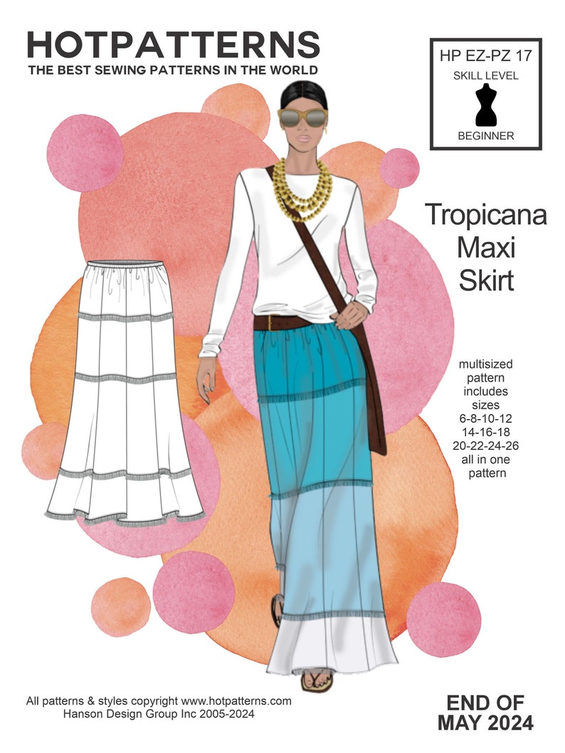 May include: A sewing pattern for a maxi skirt called "Tropicana Maxi Skirt". The pattern includes sizes 6-8-10-12, 14-16-18, and 20-22-24-26. The pattern is for a beginner skill level and is from HotPatterns, the best sewing patterns in the world.