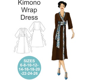 CLASSIC WRAP DRESS sewing pattern. Kimono Wrap Dress. 3/4 sleeve dress pattern. Wrap dress. Plus size dress pattern. Kimono sleeve dress.