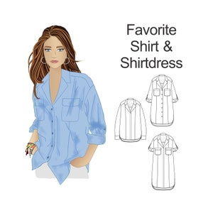 CLASSIC shirt sewing pattern. Long sleeve shirt pattern. Button down shirt. Shirtdress pattern. Short sleeve shirt. Plus size shirt pattern.