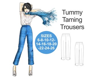 Retro crop broek met hoge taille naaipatroon: buik temmen (maten A4, Letter, A0 en ArchE)