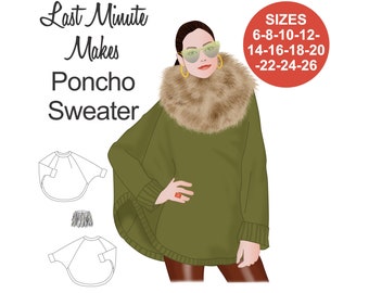 BOHO Poncho Sweater sewing pattern. Poncho pattern. Sweater pattern. Fur collar. Circle poncho. Long sleeve sweater. Easy-to-sew. Beginner.