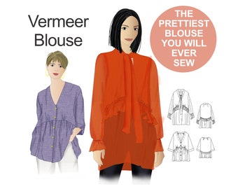 Vermeer Blouse Sewing Pattern: Ruffle & Tie Options (PDF Download)
