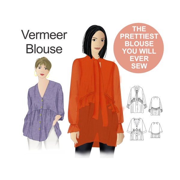 Blouse sewing pattern Vermeer Blouse to print at home by HotPatterns. Instant PDF download to print at home. Not a paper pattern.