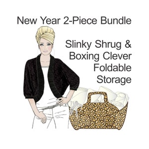 May include: A black shrug and a leopard print foldable storage bin. The text "Slinky Shrug & Boxing Clever Foldable Storage" is written in black text on a white background.