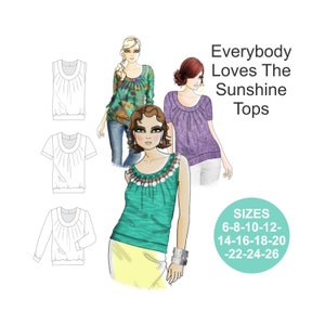 EASY JERSEY Top sewing pattern. Best Seller. Sunshine Top. Sleeveless Top. Short Sleeve Top. Long Sleeve Top. Plus Size sewing pattern.