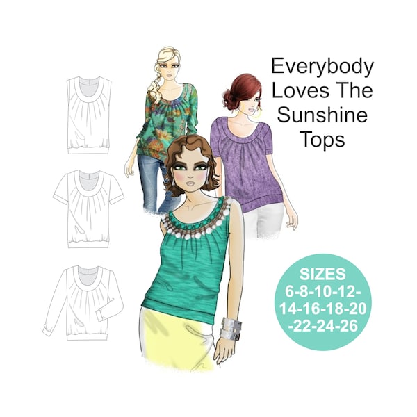 EASY JERSEY Top sewing pattern. Best Seller. Sunshine Top. Sleeveless Top. Short Sleeve Top. Long Sleeve Top. Plus Size sewing pattern.