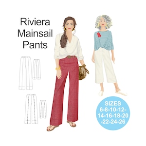 May include: A sewing pattern for wide-leg pants called "Riviera Mainsail Pants". The pattern includes sizes 6-8-10-12-14-16-18-20-22-24-26. Two women are wearing the pants in different colors, one in red and one in white.