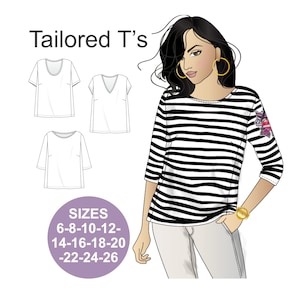 May include: A sewing pattern for a tailored t-shirt with three different neckline options. The pattern includes sizes 6-8, 10-12, 14-16, 18-20, 22-24, and 26. The image shows a woman wearing a striped t-shirt with a round neckline.