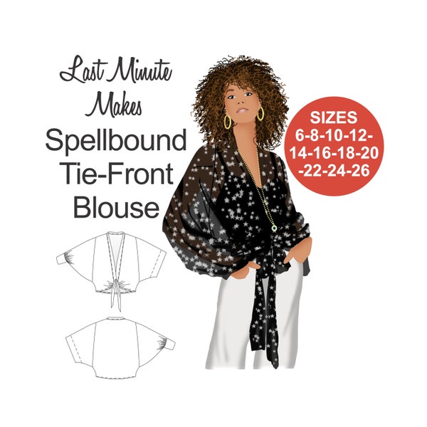 EASY BOHO blouse sewing pattern. Beginner blouse. Long sleeve blouse. Plus size blouse pattern. Spellbound Tie-Front Blouse