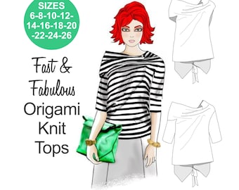 EDGY T-shirt naaipatroon. Origami gebreide tops. T-shirt met 3/4 mouwen. T-shirt met kapmouw. Gedrapeerde achterkant. T-shirt met col. Maten 6-26.