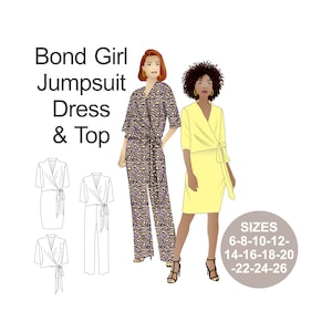Könnte beinhalten: Ein Schnittmuster für einen Jumpsuit, ein Kleid und ein Oberteil. Das Schnittmuster enthält eine Schwarzweiß-Zeichnung des Kleidungsstücks und eine farbige Illustration einer Frau, die den Jumpsuit trägt. Das Schnittmuster ist in den Größen 6-8-10-12-14-16-18-20-22-24-26 erhältlich.