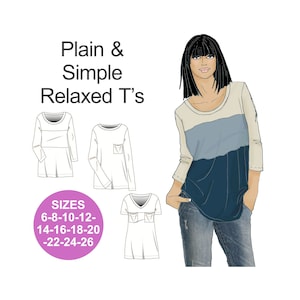 May include: Illustration of a woman wearing a color-block long-sleeve t-shirt with a cream, blue, and navy design. The image also shows sketches of various t-shirt styles and a size chart for sizes 6-26. The text reads "Plain & Simple Relaxed T's".