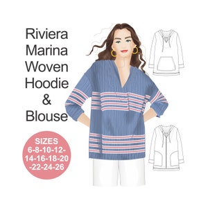 HOODIE sewing pattern. Long sleeve blouse pattern. V-neck blouse pattern. Plus size blouse pattern. Riviera Marina Woven Hoodie & Blouse.