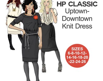 RETRO Uptown, Downtown Knit Dress Sewing Pattern. Raglan sleeve. Tie belt. Obi belt. 80's styling. Easy-sew. Sizes 6-26; PDF Download