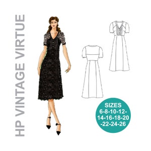 May include: A black and white line drawing of a dress with a V-neckline and short sleeves. The dress has a fitted bodice and a full skirt. The drawing is on a white background. Sizes 6-8-10-12-14-16-18-20-22-24-26 are listed below the drawing.