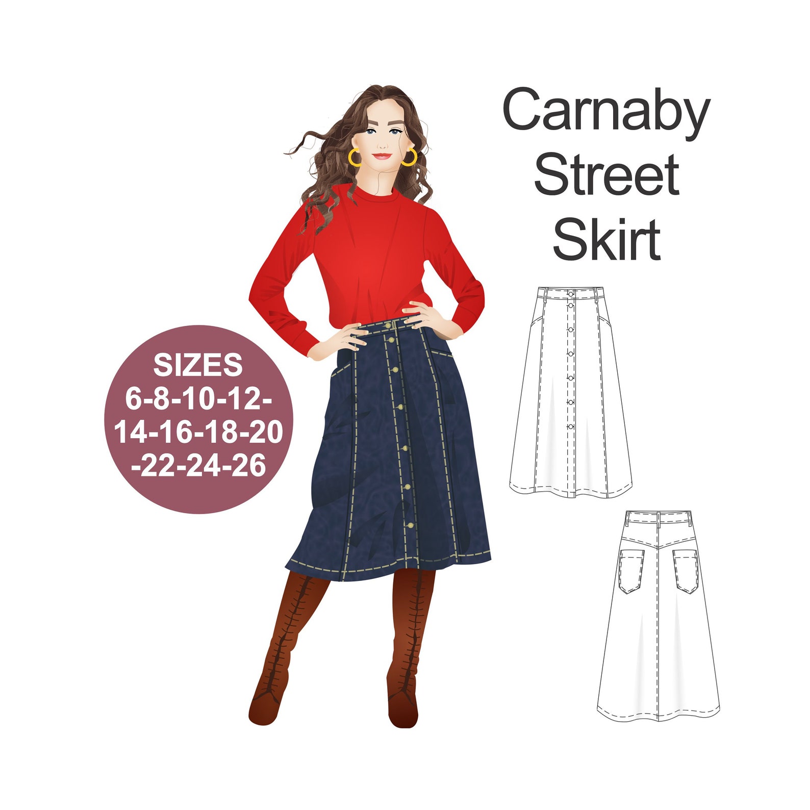 RETRO Skirt Sewing Pattern Denim Skirt Pattern Buttoned Skirt Pattern