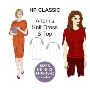 May include: A sewing pattern for a knit dress and top called "Artemis" by HP Classic. The pattern includes sizes 6-8-10-12-14-16-18-20-22-24-26. The pattern shows a woman wearing a red top and a woman wearing an orange dress.