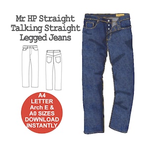 Op de afbeelding: Een digitaal downloadpatroon voor een rechte broek. Het patroon is beschikbaar in de formaten A4, Letter, Arch E en A0. De afbeelding toont een lijntekening van de broek en een foto van een blauwe spijkerbroek.