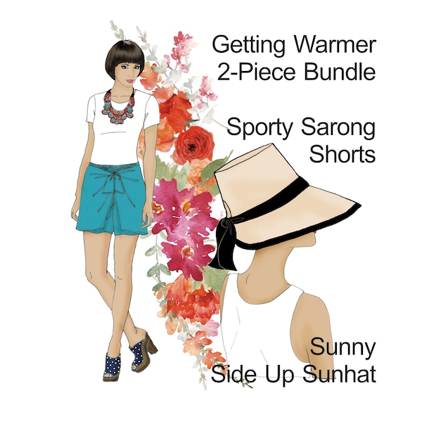 EASY TO SEW 2-piece pattern bundle. Sporty Sarong Shorts pattern. Sunny Side Up Sunhat pattern. Plus size pattern.