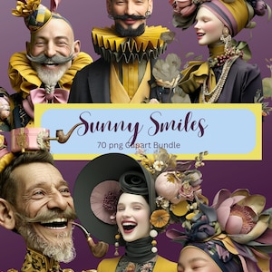 以下が含まれることがあります： Sunny Smilesと題された70枚のデジタルクリップアートコレクション。紫色の背景に、精巧な花のヘッドピース、黄色いラフ、華やかなアクセサリーを身につけた多様なキャラクターが描かれており、詳細なポートレートと表情豊かな顔が特徴です。