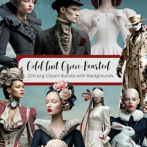 Peut inclure: Un collage d'art numérique présentant des personnages vêtus de tenues élaborées d'inspiration vintage. L'image comprend le texte « Odd but Open-Hearted » et « 100 png Clipart Bundle with Backgrounds ». Les personnages portent des chapeaux, des accessoires et un maquillage unique.