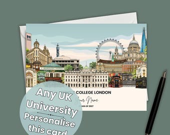 May include: A personalized graduation card featuring a London cityscape with iconic landmarks like the London Eye and St. Paul's Cathedral. The card includes text that reads "Any UK University, Personalise this card". A black pen rests on the surface.