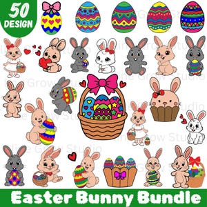 May include: A collection of 50 Easter-themed designs featuring cartoon bunnies, decorated Easter eggs, and baskets. The designs include bunnies holding eggs, hearts, and baskets, with a variety of colorful egg patterns. The text "Easter Bunny Bundle" is at the bottom.