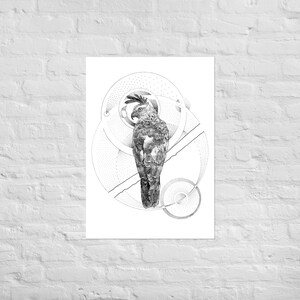 May include: Black and white art print featuring a detailed illustration of a parrot. The bird is depicted with intricate feather details and is set against a backdrop of geometric shapes and dotted lines. The artwork is mounted on a white background.