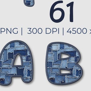 Könnte beinhalten: Ein digitales Design mit dem Wort "Alphabet" und der Zahl "61" im Denim-Patchwork-Stil. Darunter die Buchstaben "A", "B" und "C" im gleichen Denim-Design. Das Bild enthält Text, der angibt, dass es sich um eine PNG-Datei, 300 DPI und 4500 x 4500 Pixel handelt.