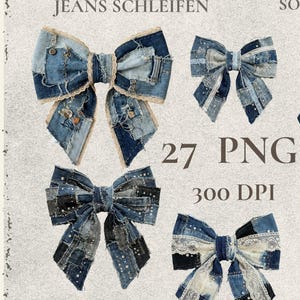 Könnte beinhalten: Eine Sammlung von Jeans-Schleifen mit Spitzenbesatz und dekorativen Akzenten. Das Bild enthält den Text "PREMIUM CLIPARTS JEANS SCHLEIFEN" und "27 PNG 300 DPI". Die Schleifen sind in verschiedenen Blautönen gehalten.