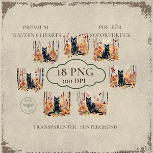 Schwarze Katze im Herbstwald|ClipArt & Stickerbögen, fussy cuts |18 PNG| nordischer Vintage-Look |digital planner + print|digitaler download