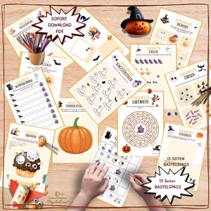 Könnte beinhalten: Eine Sammlung von druckbaren Halloween-Aktivitätsblättern, darunter Labyrinthe, Zählübungen und Zeichenvorlagen. Das Bild zeigt auch einen geschnitzten Kürbis, einen Hexenhut und einen Stifthalter mit Buntstiften. Der Text lautet "SOFORT DOWNLOAD PDF".