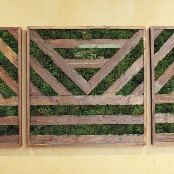 6ft Reclaimed Wood & Preserved Moss Triptych Art - Large Wall Decor - Green Wall - Living Wall Art