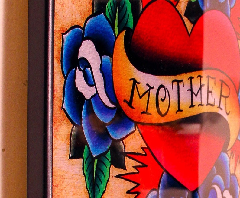 Old School Tattoo Style Heart / Mother Acrylic Face Mount Brushed Silver Print 16x20 image 3