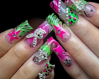 Neon Pink Green Press On Nails, Y2K Bunny Star Leopard Glam Set