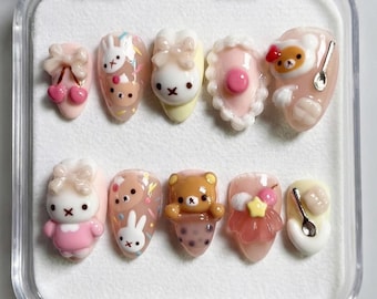 Kawaii Bunny Bear Dessert Press On Nails, Pastel Pink 3D Gel Set