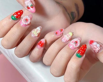 3D Strawberry Cake Press On Nails, Kawaii Pink Nail Art