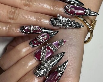 Handmade Gothic Cross Stiletto Nails, Chrome Butterfly Cyber Goth Set