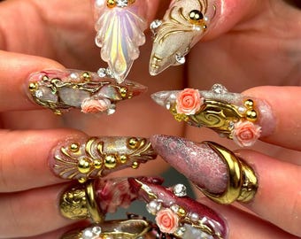 Uñas postizas barrocas hechas a mano, mariposa rosa 3D, set de uñas stiletto con perlas doradas y cristales.