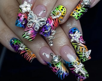 Neon regenboog dierenprint pers op nagels, zebraluipaard strass bedelset